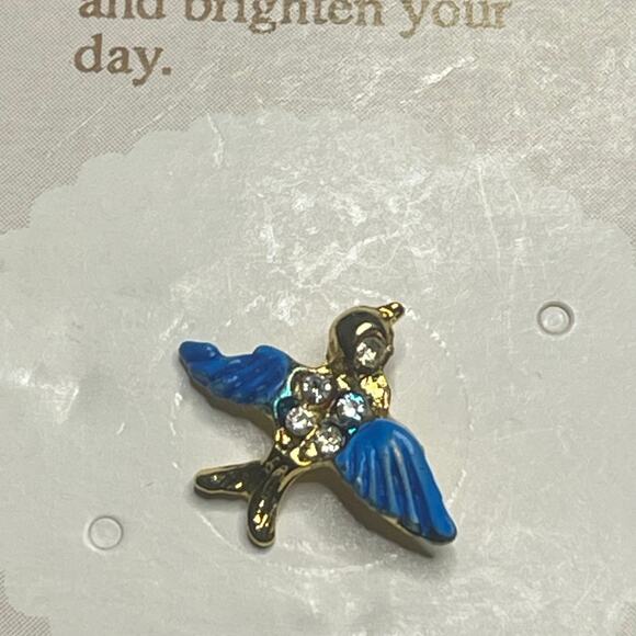 Vintage Alabaster Blue Bird of Happiness Crystal Gold Tone Lapel Pin USA - Picture 3 of 13